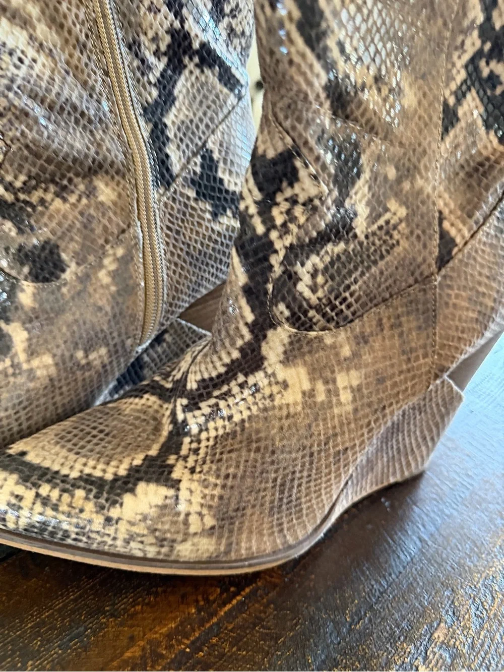 Jessica Simpson Havrie Knee High Snake Print Wedge Boots Totally Taupe 10M